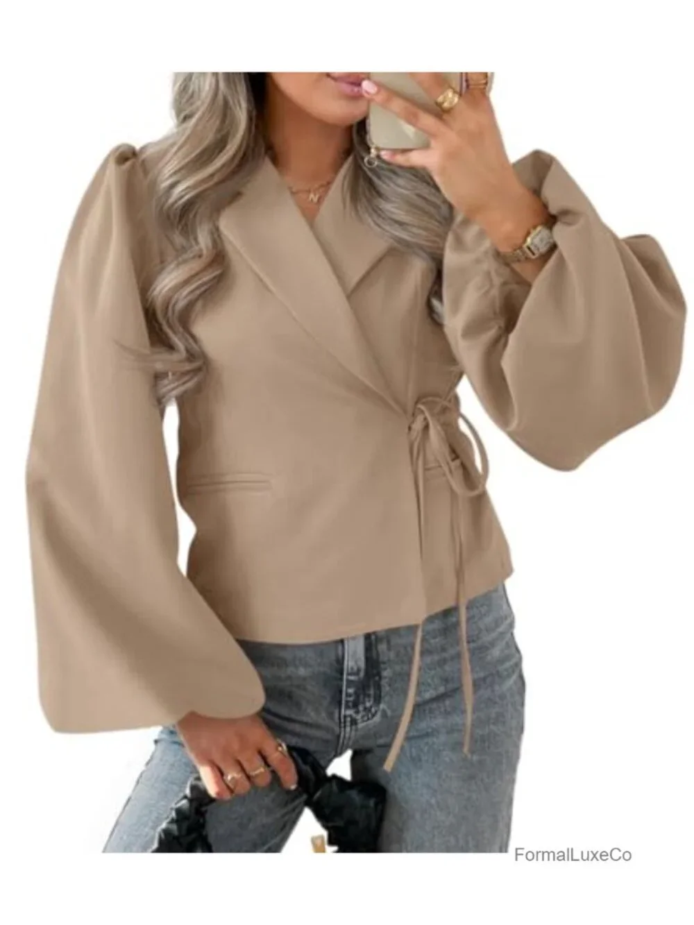 Puff Long Sleeve V Neck Wrap Cropped Trench Coat Blazer Work Office Dressy
